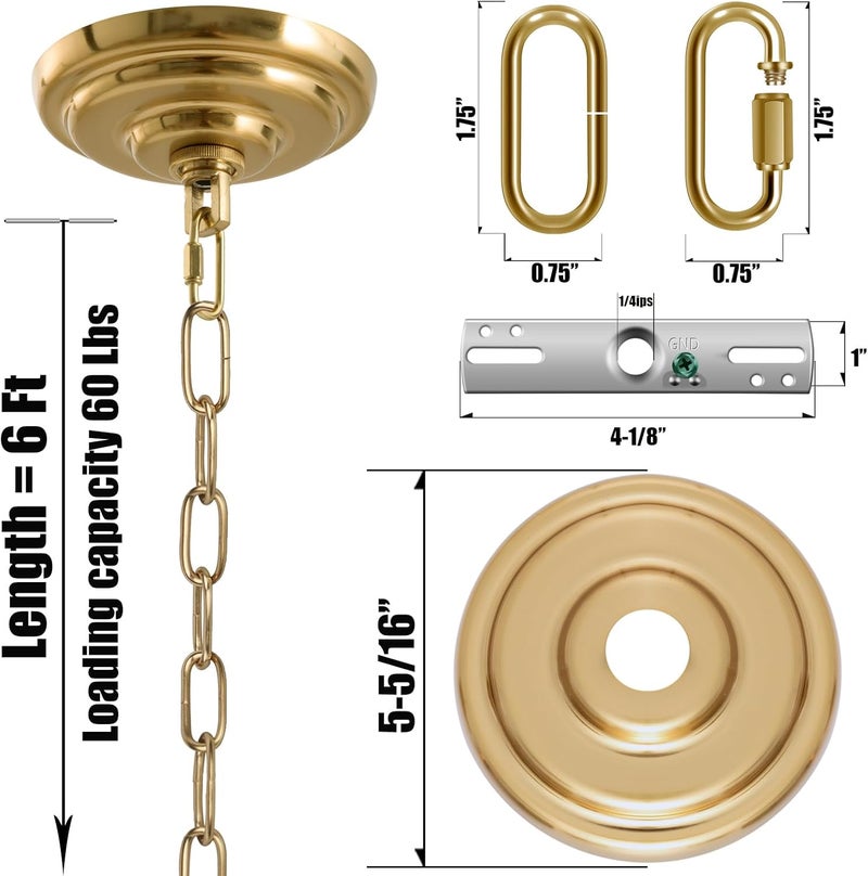MAYOMAJO 5-5/16 Inch Light Canopy Kit with 6 Feet Hanging Chain, Heavy Duty, Replacement Cover Plate for Chandelier, Pendant Light, Swag Light, Ceiling Fan, Flower Basket or DIY Projects (Brass) - Image 2